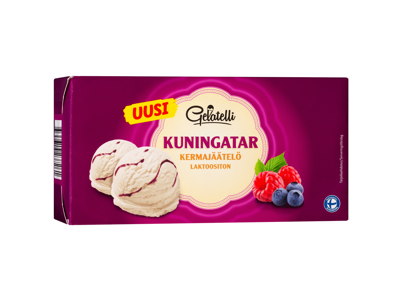 Laktoositon kuningatarkermajäätelöpakkaus.