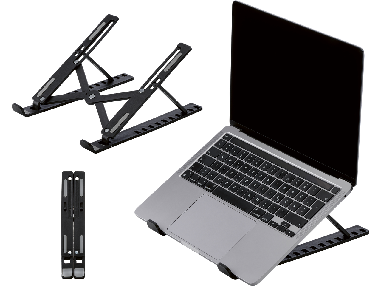 En bärbar dator på ett justerbart svart laptopstativ.