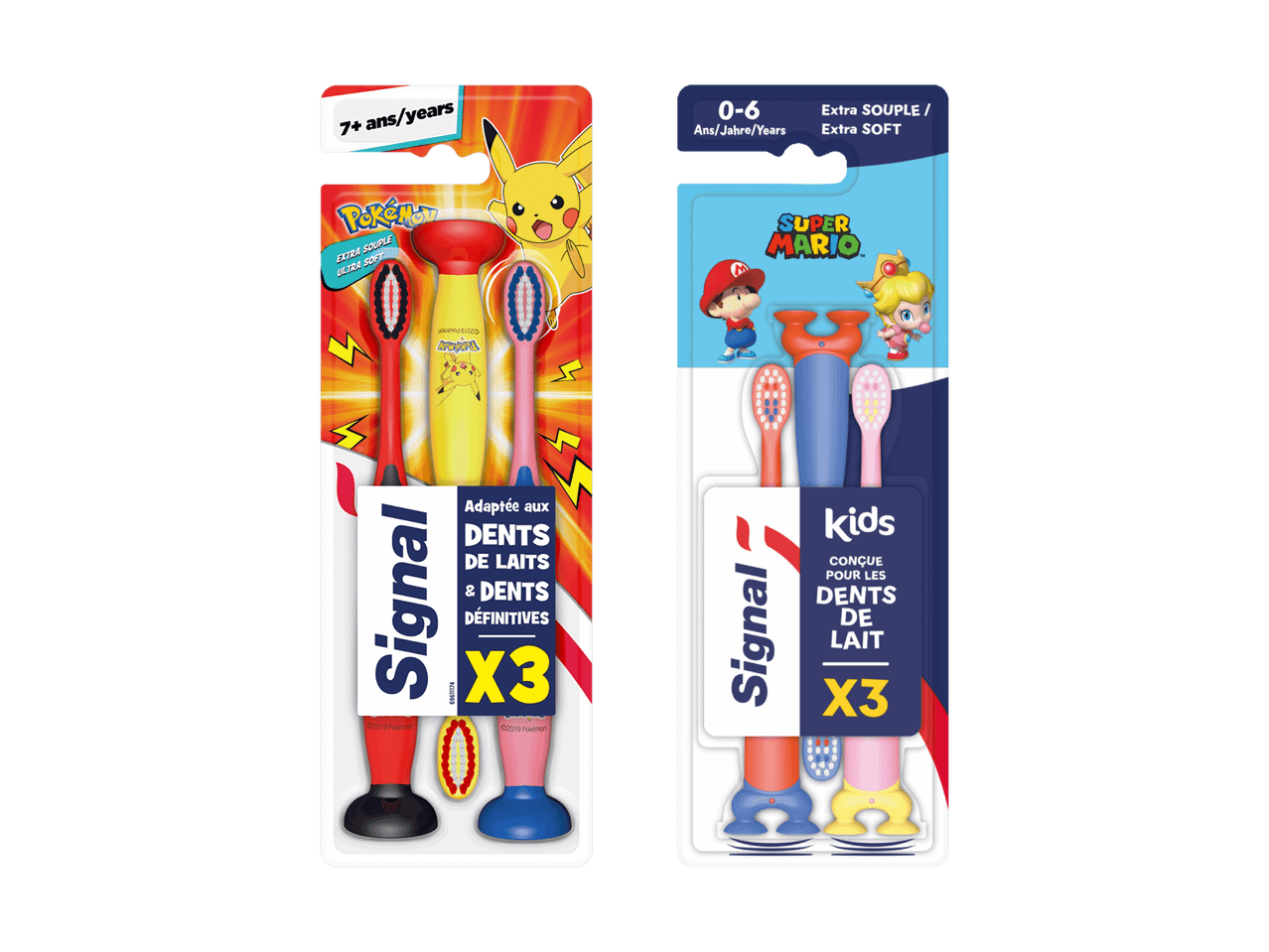 Brosses à dents Signal pour enfants avec les thèmes Pokémon et Super Mario.