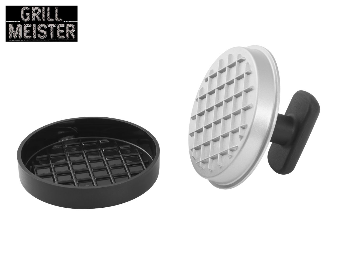 Burger press with a black base and a silver top, featuring a 'GRILL MEISTER' logo.