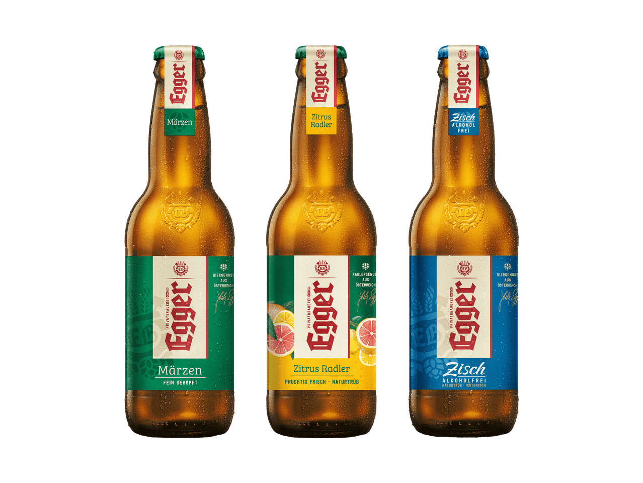 Drei Flaschen Egger Bier: Märzen, Zitrus Radler und Zisch Alkoholfrei.