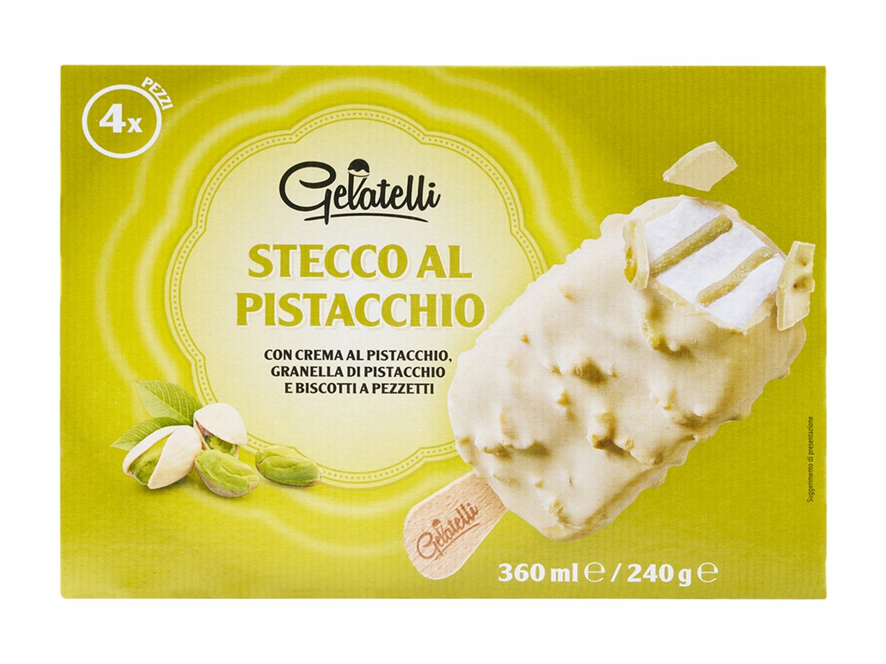 Confezione da 4 stecchi gelato al pistacchio Gelatelli, con crema, granella e biscotti.