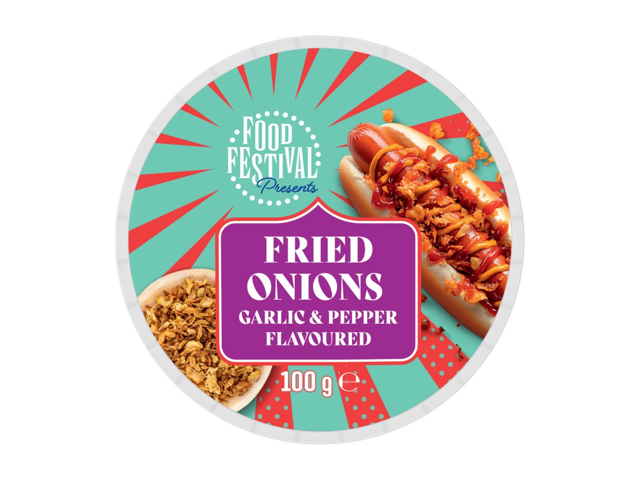 Fried onions with garlic and pepper flavor, 100g, on a hot dog with ketchup and mustard.