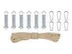 A set of metal springs, carabiners, and a coiled rope for securing items.