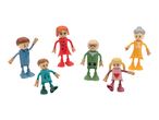 Six wooden toy figures representing a family, including children, parents, and grandparents.