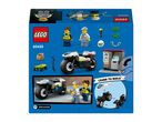A toy police motorcycle, two minifigures, and an ATM set, with building instructions shown.