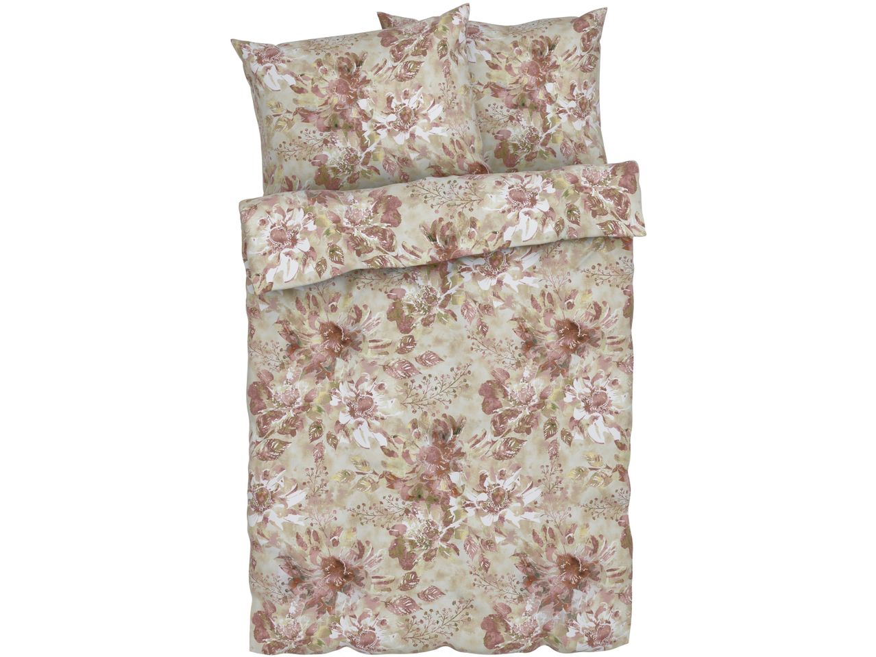Floral duvet cover set with two pillows in shades of pink, green, and beige.