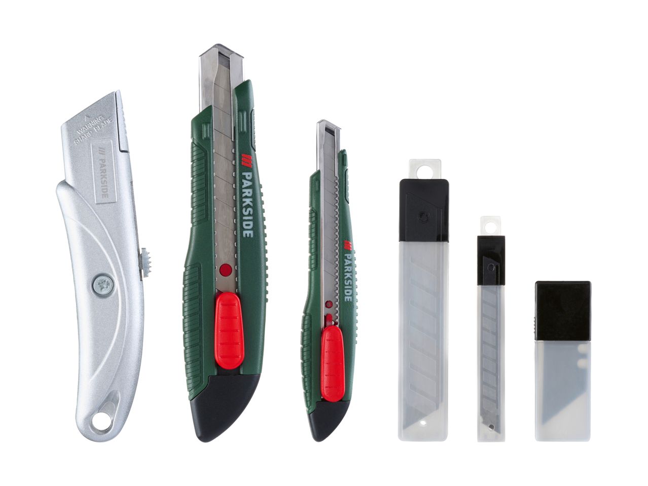 Et sæt med tre hobbyknive i forskellige størrelser og tre beholdere med ekstra knivblade.