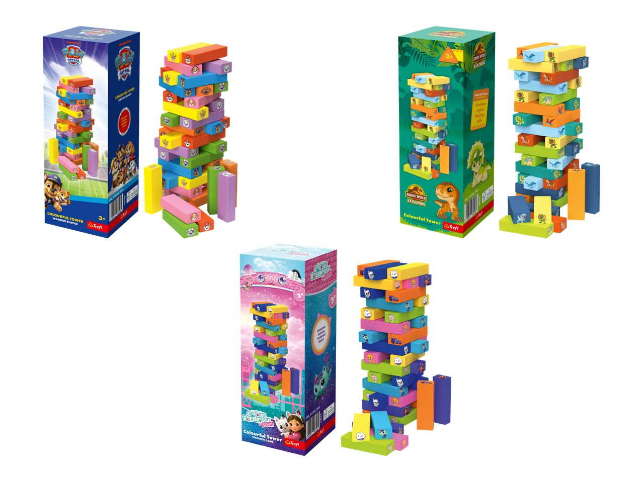 Kolme erilaista Jenga-tyylistä palikkapeliä, joissa on Paw Patrol-, Jurassic World- ja Gabby's Dollhouse -teemat.