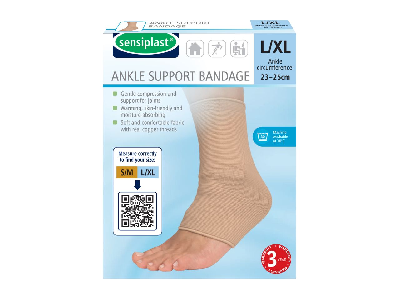 Sensiplast ankle support bandage, size L/XL, with features and sizing guide.