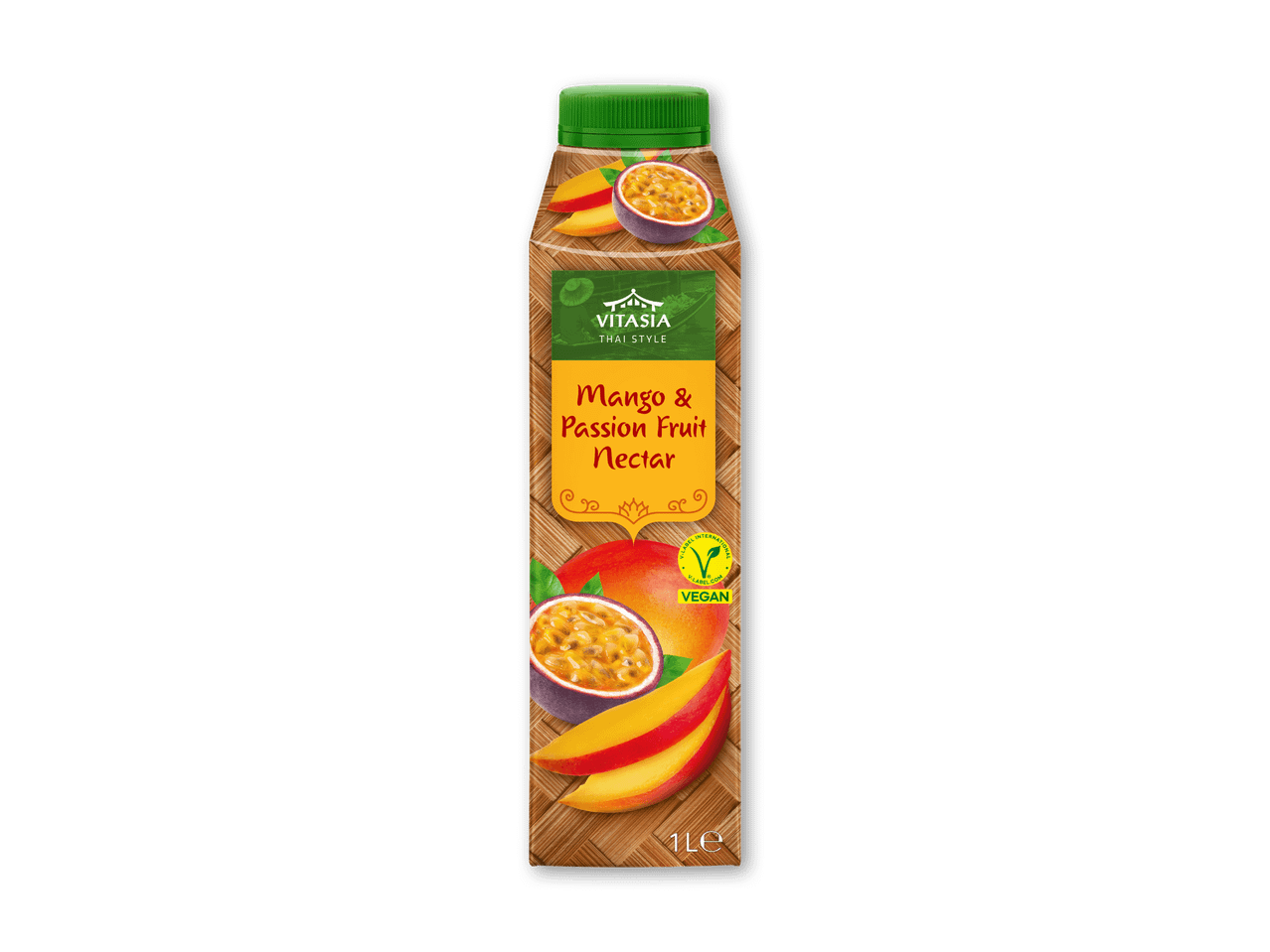 Mango- og passionsfrugtnektar i thailandsk stil med vegansk mærke, 1 liter.