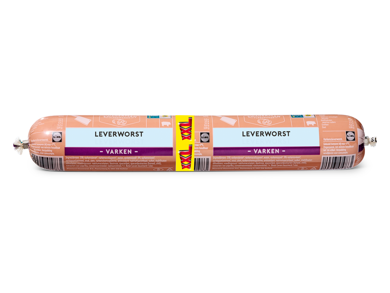 Twee verpakkingen leverworst met de tekst 'Leverworst - Varken' en 'XXL' op een zwarte achtergrond.