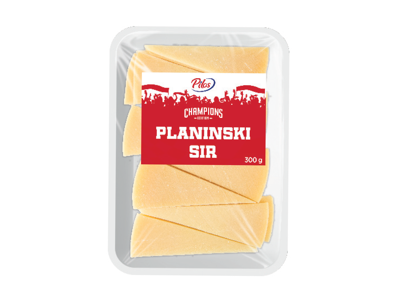 Pakiranje narezanog sira u obliku trokuta s crvenom etiketom na kojoj piše 'Planinski sir'.