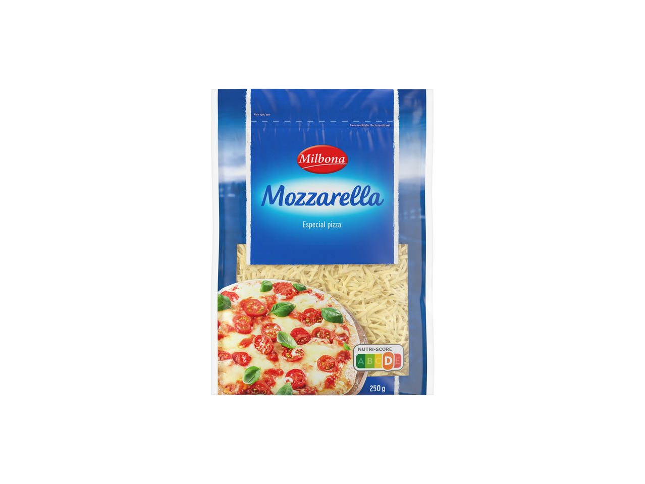 Pacote de 250g de queijo mozzarella Milbona especial para pizza.