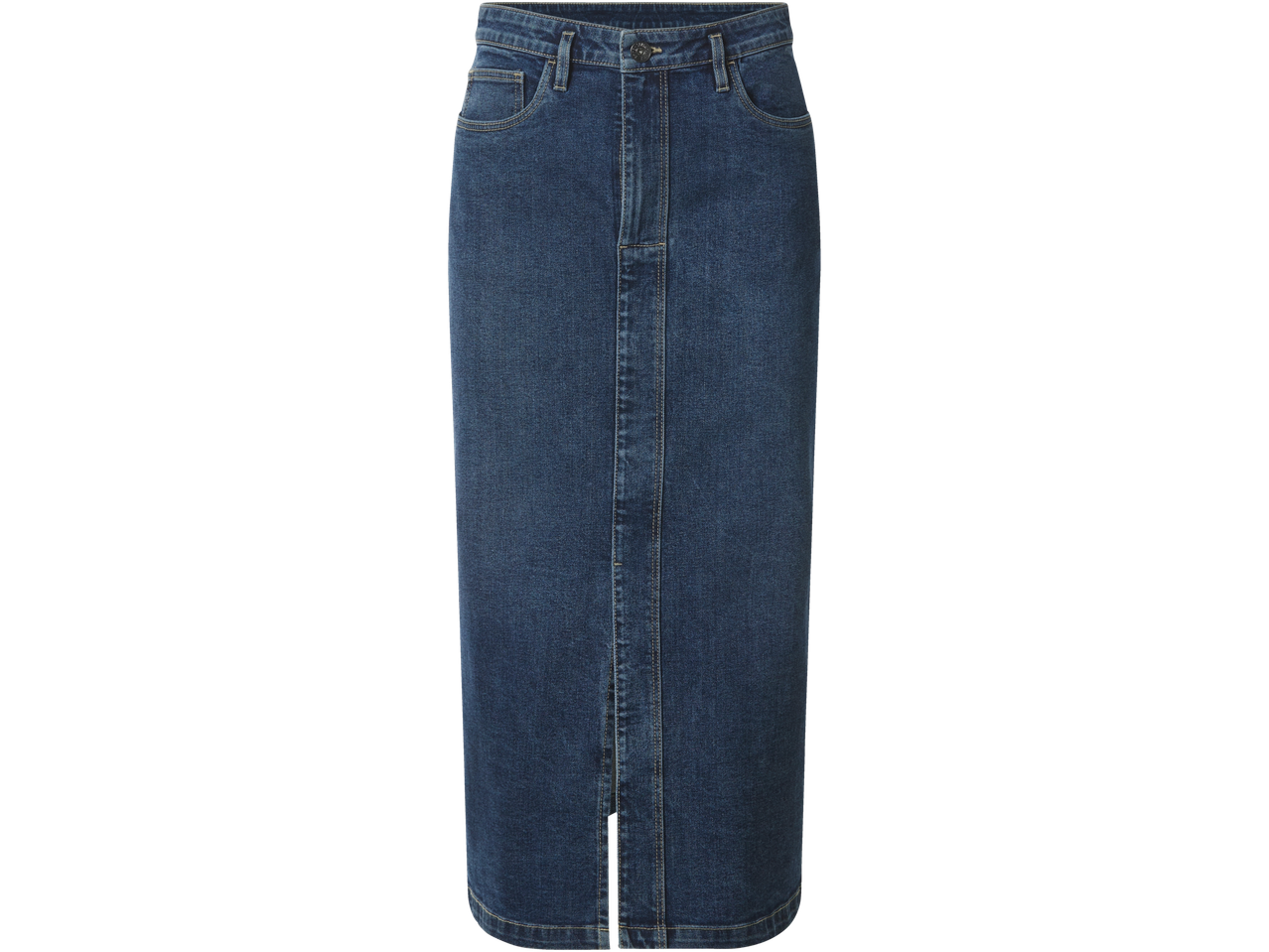 Esmara moteriškas tamsiai mėlynas džinsinis maksi sijonas su skeltuku priekyje.