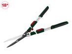 Hedge shears with green and black handles and a red 18+ age restriction symbol.