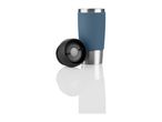 Blue stainless steel travel mug with black lid.