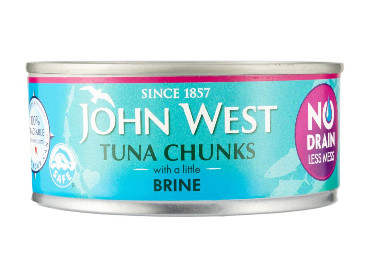 Tuna chunks in brine, with a 'no drain, less mess' label and a '100% traceable' compass.