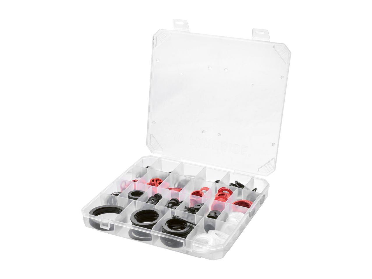 Open clear plastic organizer box filled with various black, red, and white rubber O-rings and washers.