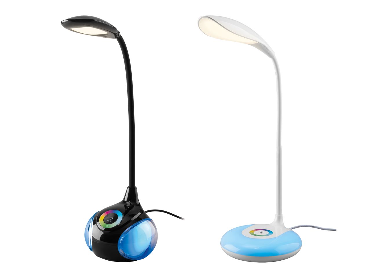 Zwei LED-Tischlampen, eine schwarze und eine weiße, mit farbwechselndem Sockel.
