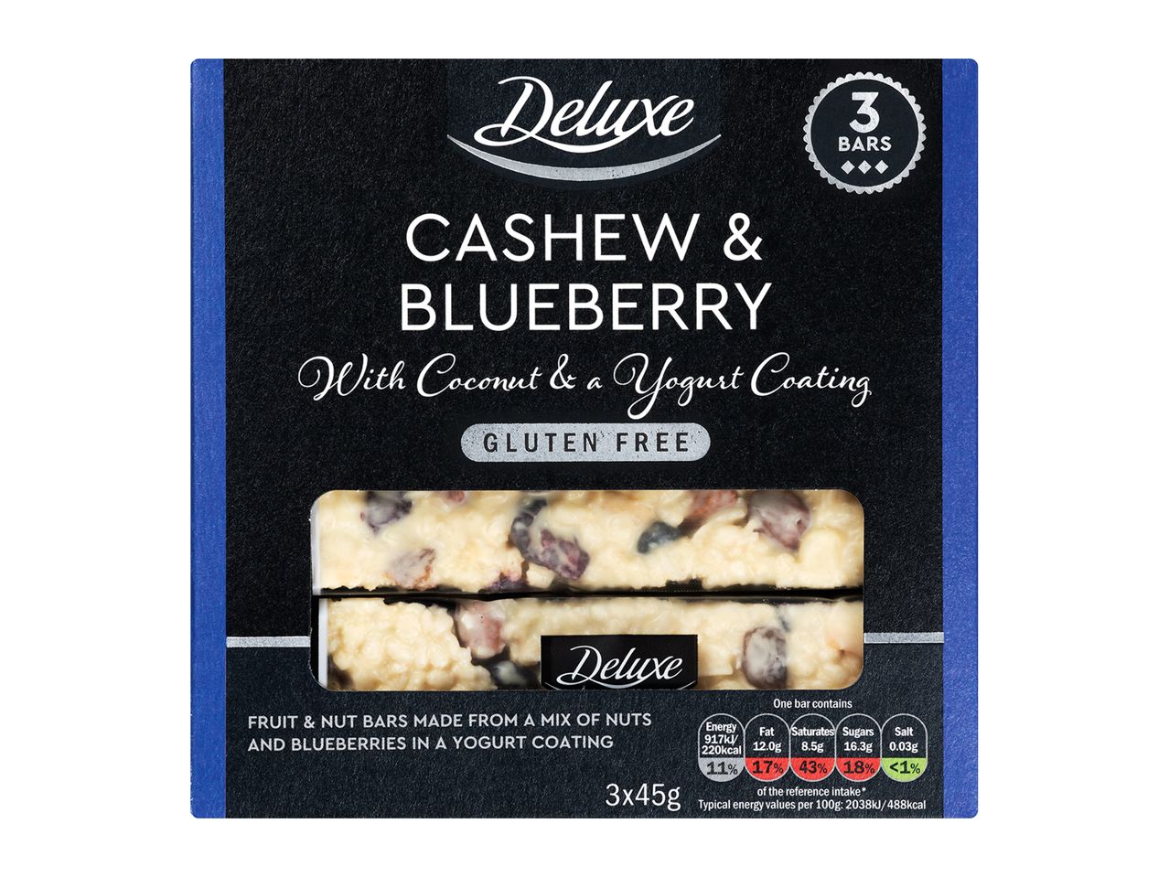 Deluxe cashew & blueberry bars with coconut & a yogurt coating, gluten-free.