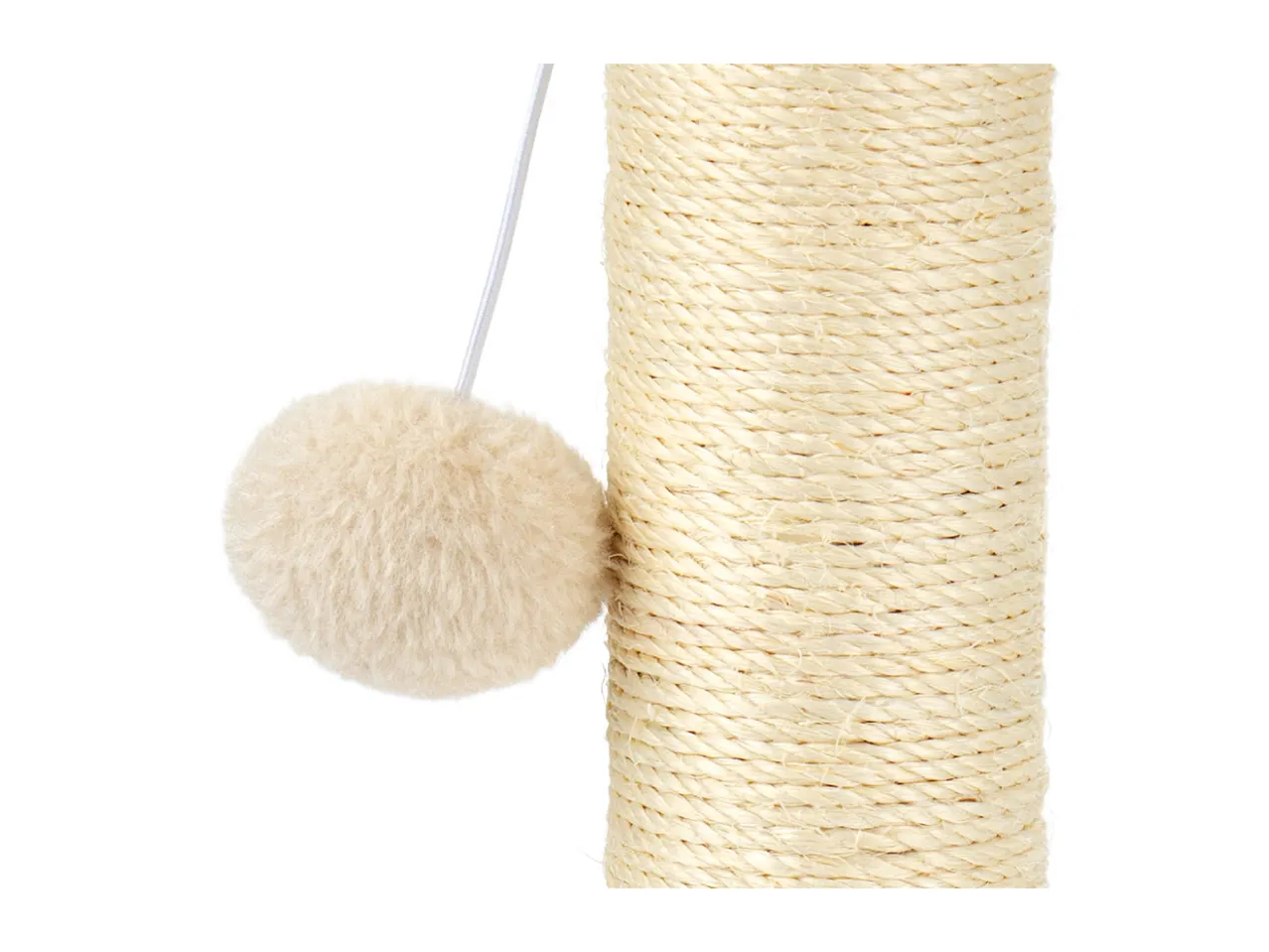 Close-up of a cat scratching post with a dangling fluffy toy ball.
