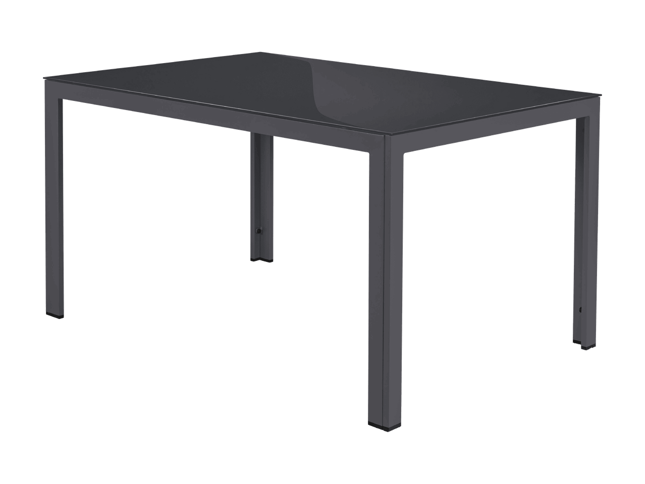 Rechteckiger Gartentisch mit dunkler Glasplatte und grauem Gestell.