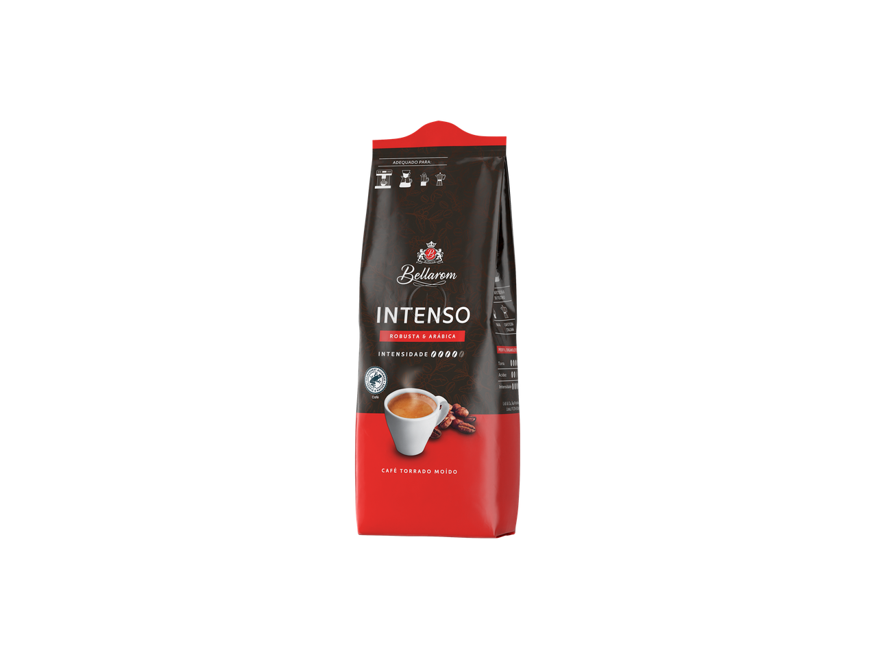 Café torrado moído Bellarom Intenso, mistura Robusta & Arábica.