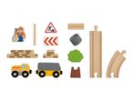 Wooden toy construction set with train, tracks, worker, signs, and building blocks.