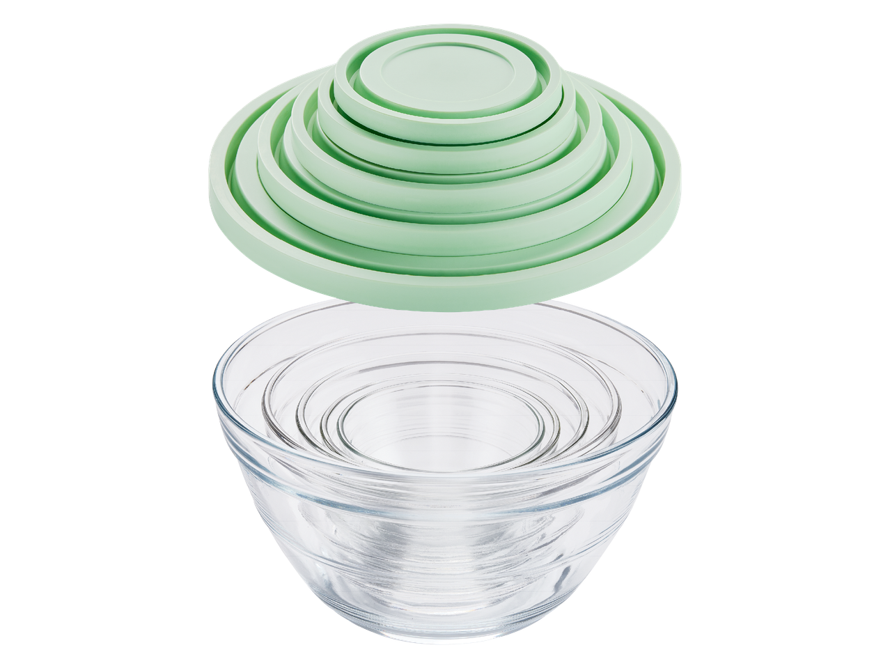 Комплект от стъклени купи за смесване със зелени капаци.