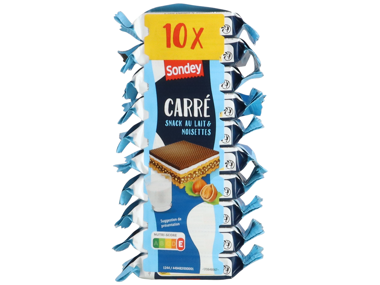 Paquet de 10 gaufrettes au lait et noisettes, avec Nutri-Score A.