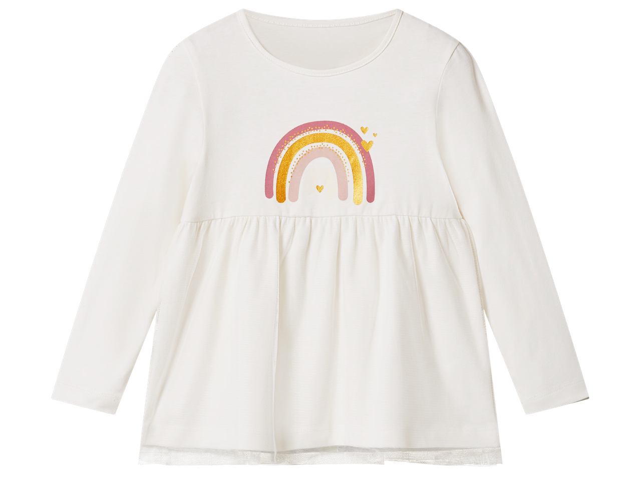 Бяла детска блуза с дълъг ръкав и щампа на дъга със златни сърца.