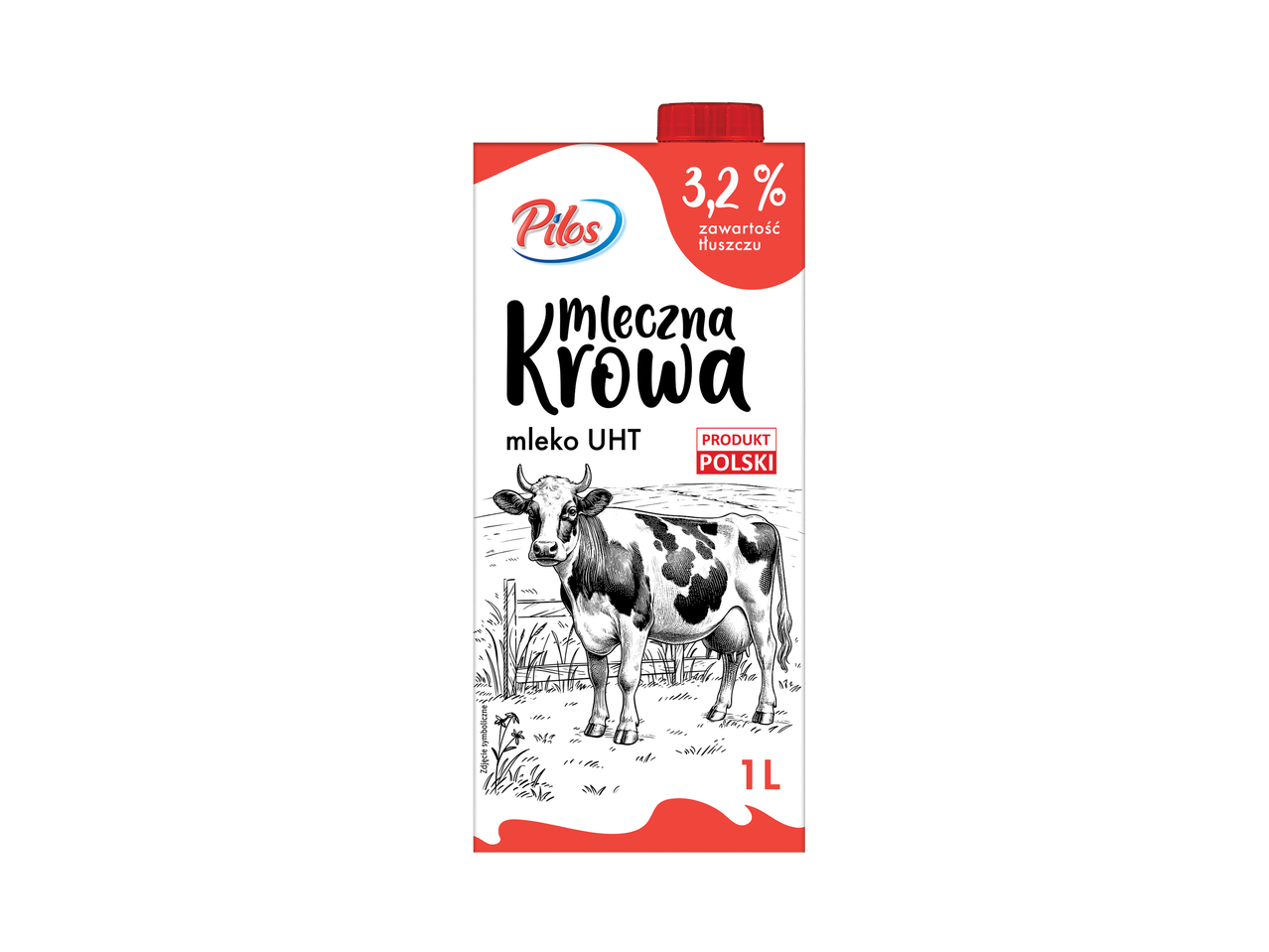 Pieno pakuotė su karvės piešiniu, nurodanti 3,2% riebumo UHT pieną, 1 litras.