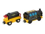 Two black and yellow toy train cars with red and blue accents.