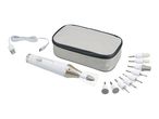 Electric manicure and pedicure set with various attachments, USB cable, and storage case.