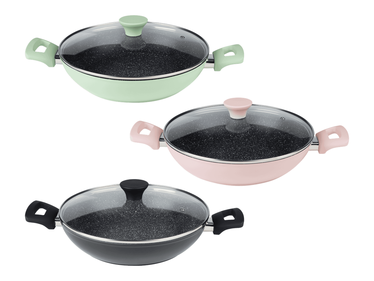 Kolme eriväristä wok-pannua lasikansilla: mintunvihreä, vaaleanpunainen ja musta.