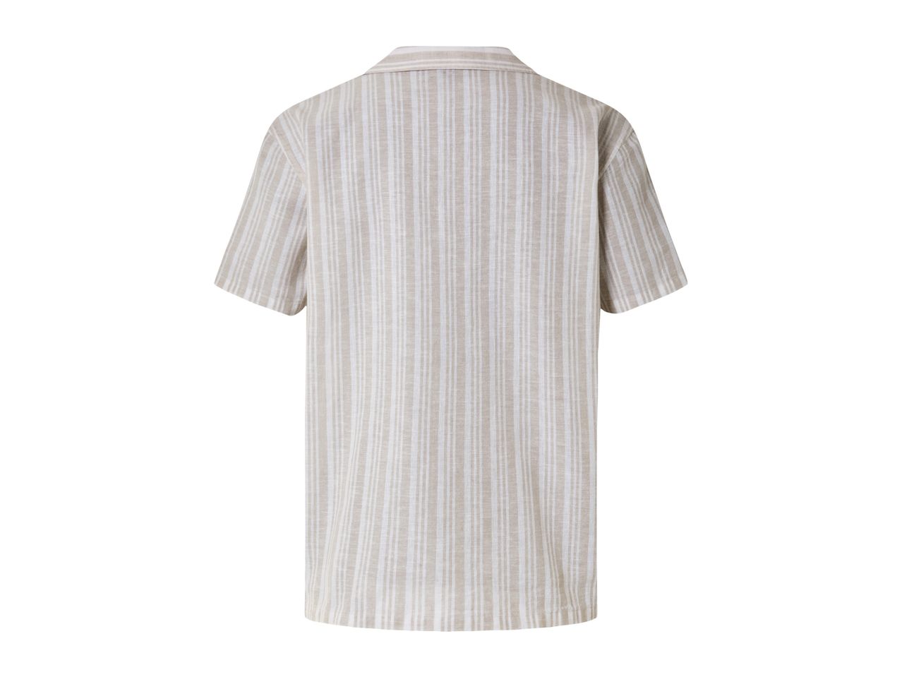 Beige striped short-sleeved shirt.