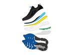 Exploded view of a black and white running shoe with blue and yellow internal components.