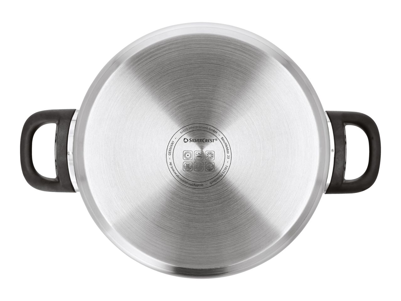 Bottom of a stainless steel cooking pot with two black handles, showing various hob compatibility symbols and manufacturer information.