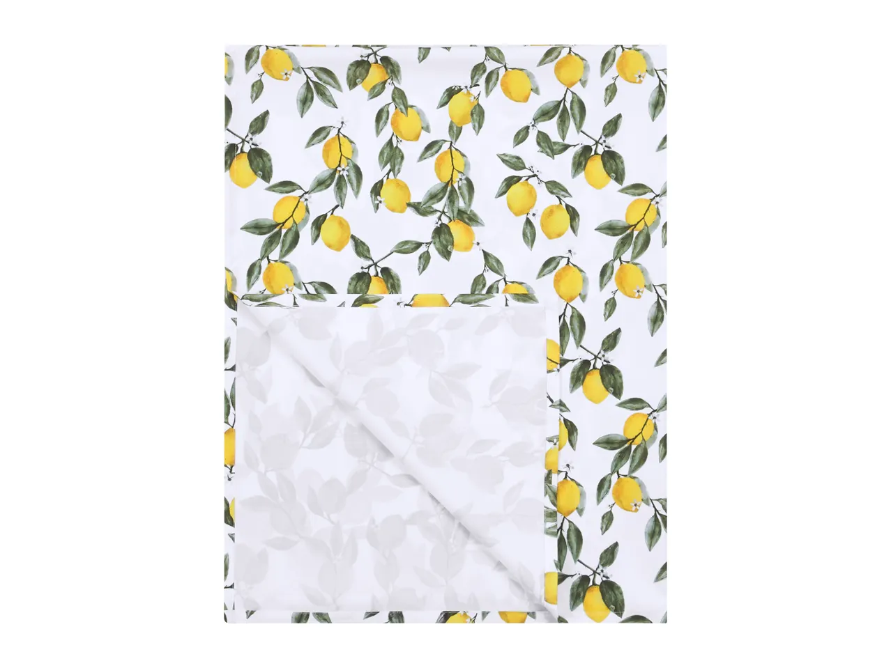 White fabric with a vibrant lemon and leaf pattern, partially folded to reveal a subtle leaf print.