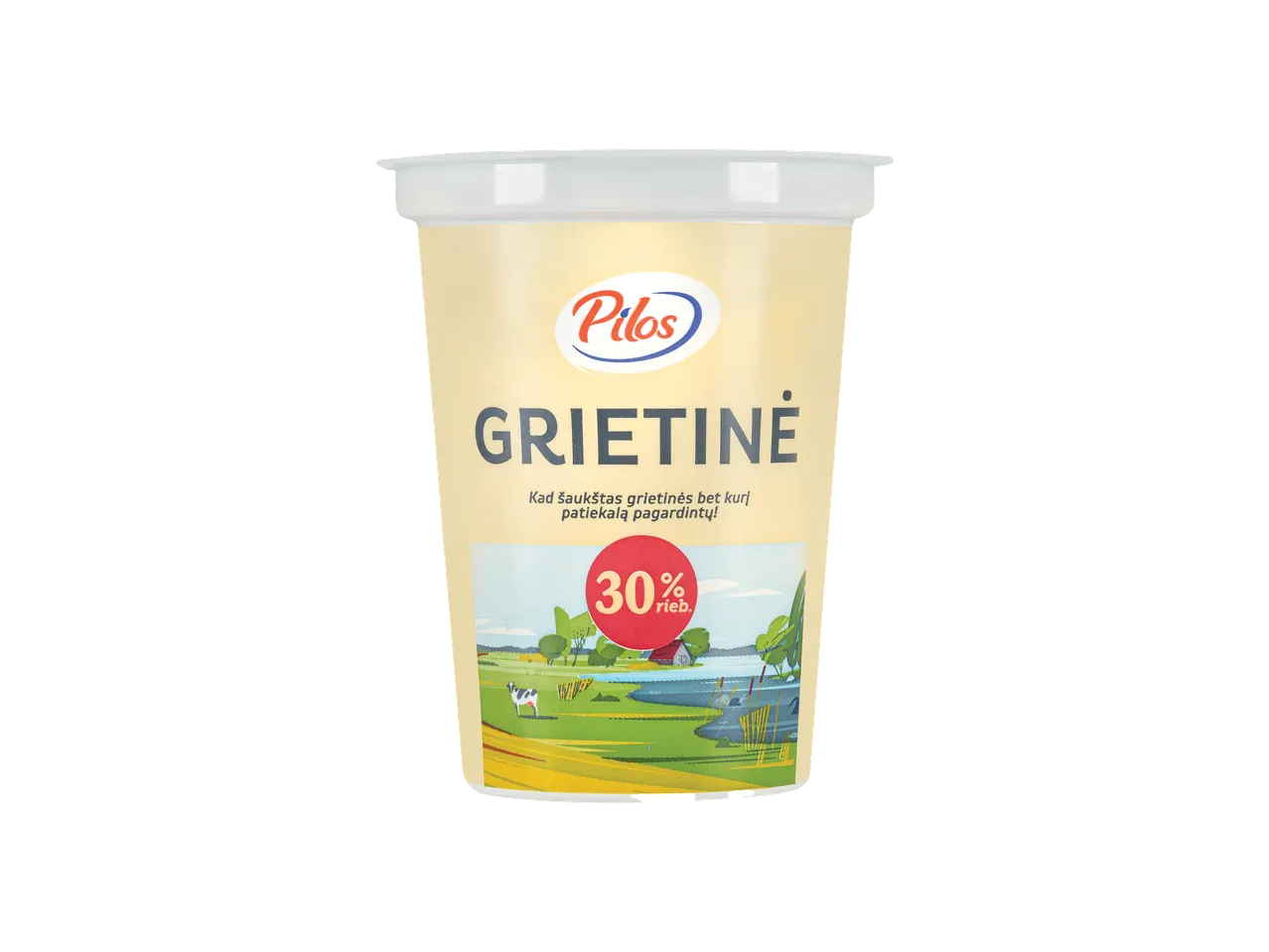 Pilos grietinė su 30% riebumo, su kaimo peizažo iliustracija.