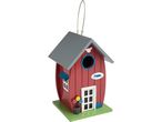 A charming red and gray Nest Box with a whimsical design, hanging from a wire loop.