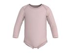 Light pink long-sleeved baby bodysuit with snap fasteners at the crotch.