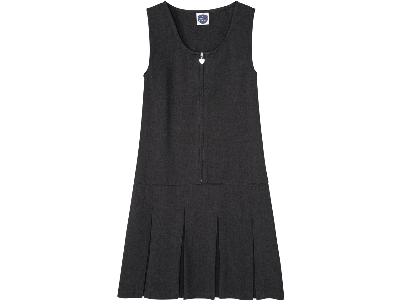 Dark grey school pinafore dress with a heart-shaped zipper pull and pleated skirt.