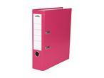 Pink lever arch file with white spine label and metal finger hole