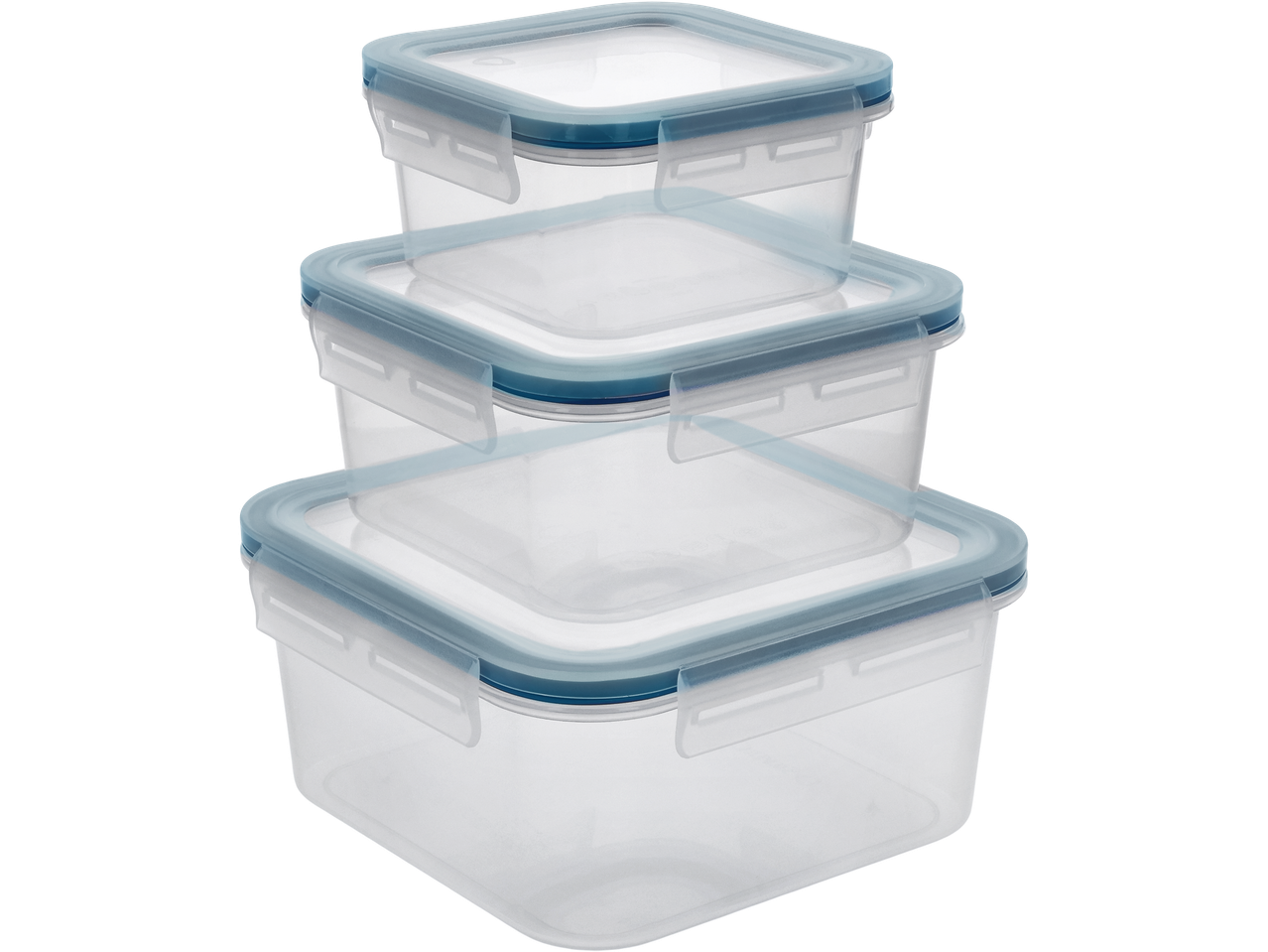 Three clear plastic food storage containers with blue lids, stacked on top of each other.