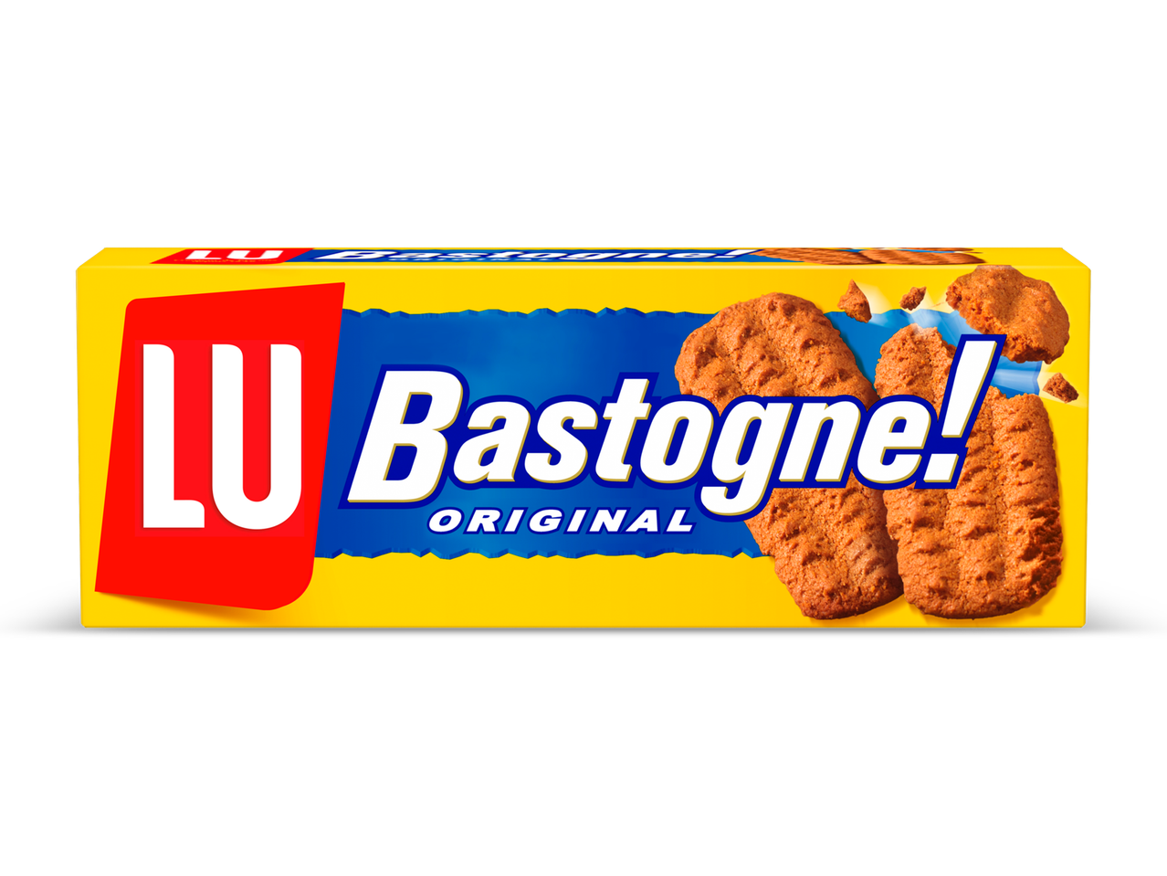 Gele verpakking met koekjes en de tekst 'Bastogne! Original'.