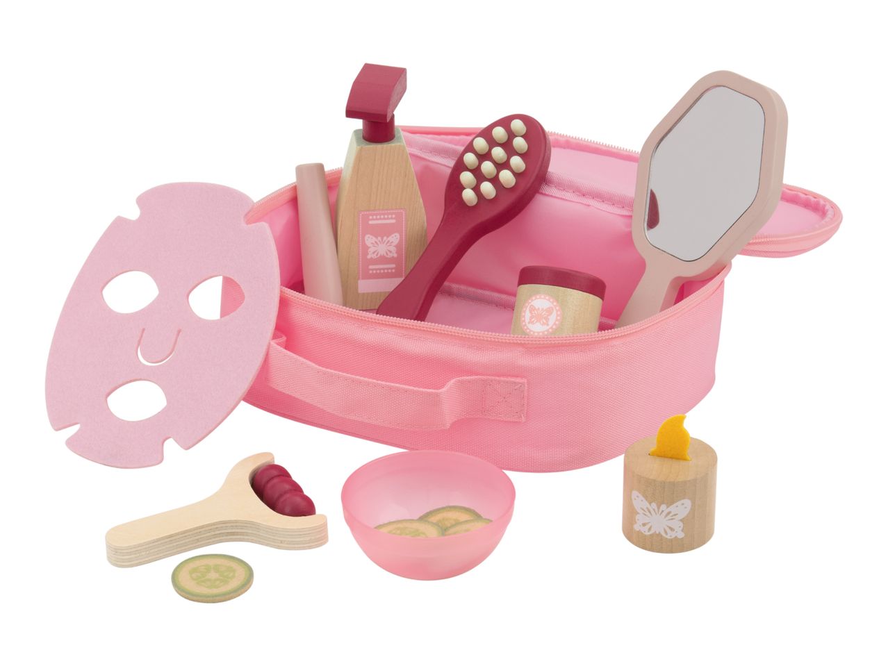 A pink toy spa set with a face mask, brush, mirror, and other beauty accessories.