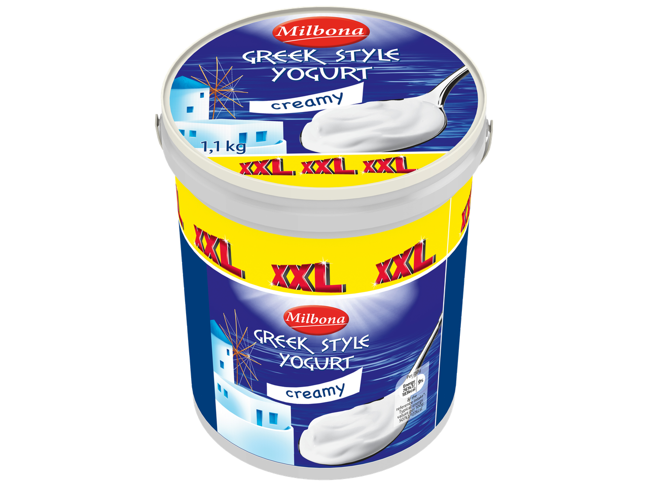 Milbona XXL Greek Style Yogurt, creamy, 1.1kg tub with a Greek island design.