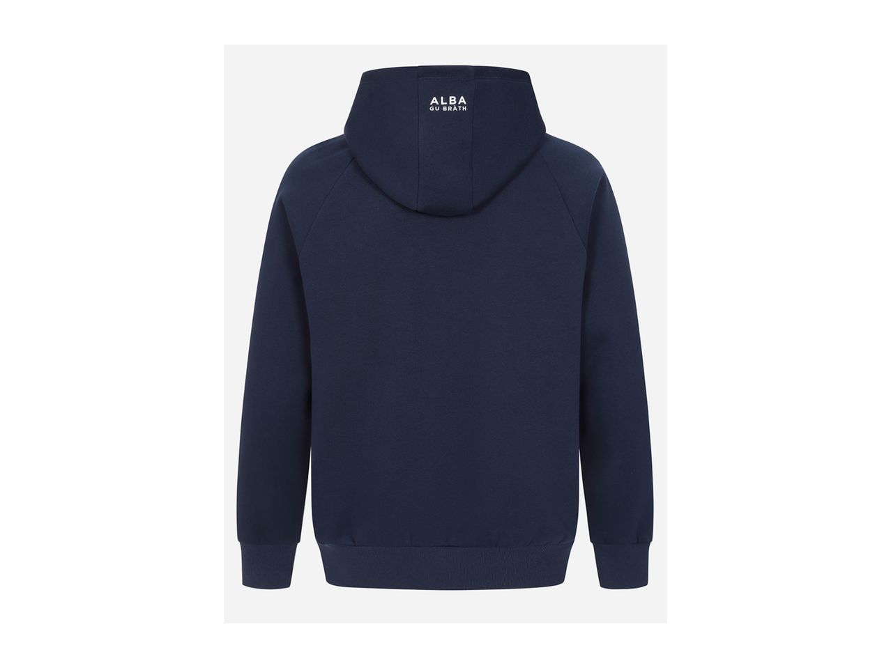 Navy blue hoodie with 'ALBA GU BRÀTH' printed in white on the back of the hood.